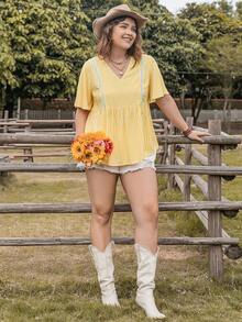 Rusttydustty 女士加大码紫色花卉 V 领短袖衬衫海滩度假野餐音乐节婚礼季 - 黃色 - 查看 6