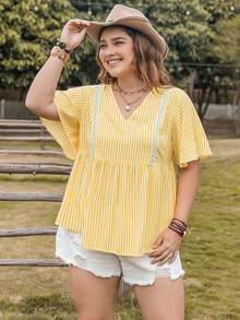 Rusttydustty 女士加大码紫色花卉 V 领短袖衬衫海滩度假野餐音乐节婚礼季 - 黃色 - 查看 7