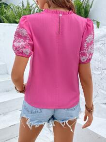 SHEIN VCAY Floral Embroidery Puff Sleeve Frill Neck Blouse - Hot Pink - View 2