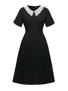 SHEIN Unity Vestido con encaje en contraste bajo fruncido - Negro - Ver 1