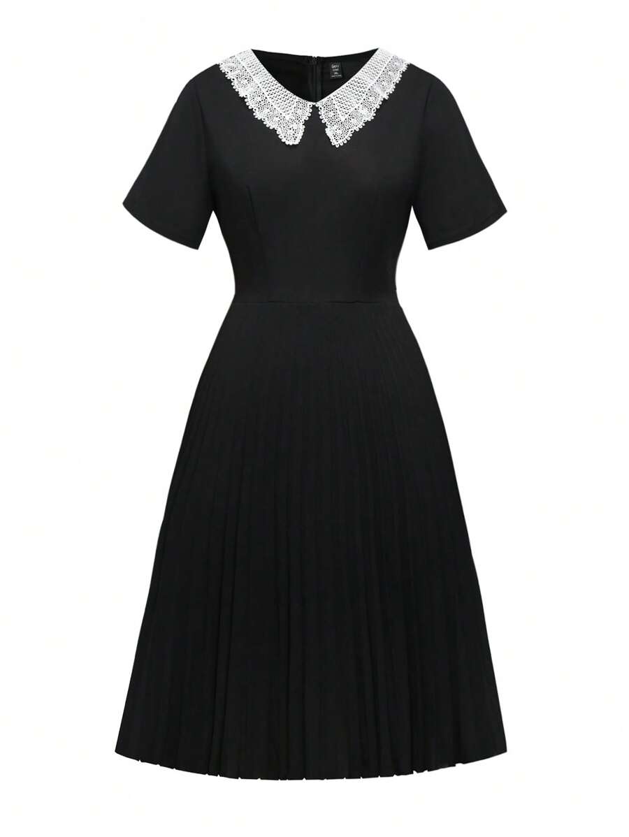 SHEIN Unity Vestido con encaje en contraste bajo fruncido - Negro - Ver 1