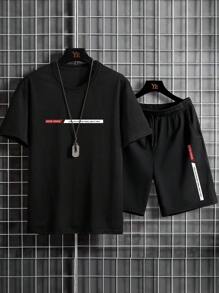 Manfinity Homme 男士字母短袖 T 恤和抽绳腰短裤，外出 - 黑色 - 查看 4