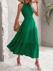 Breezaya Solid Ruffle Hem Halter Dress - Dark Green - View 5