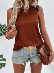 SHEIN LUNE Contrast Lace Tank Top - Rust Brown - View 4