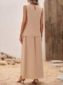 SHEIN LUNE Bộ đồ hai mảnh nữ Chia Tách cao màu trơn Thanh lịch - Màu Khaki - Xem 2