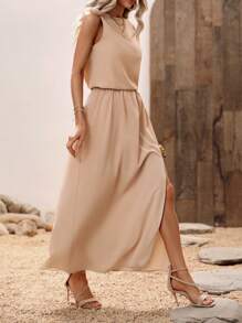 SHEIN LUNE Bộ đồ hai mảnh nữ Chia Tách cao màu trơn Thanh lịch - Màu Khaki - Xem 4