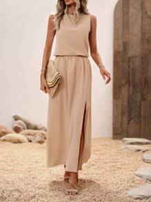 SHEIN LUNE Bộ đồ hai mảnh nữ Chia Tách cao màu trơn Thanh lịch - Màu Khaki - Xem 6