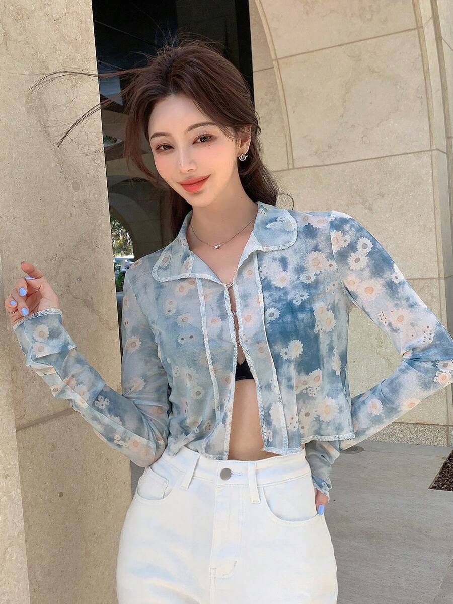 DAZY 紮染和印花薄透短款襯衫 - 藍色 - 查看 1