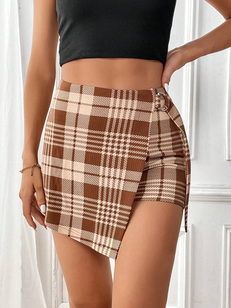 SHEIN Privé Plaid Print Wrap Front Skort - Multicolor - View 1