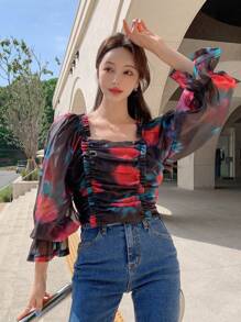 DAZY Floral Print Ruched Frill Trim Flounce Sleeve Top,Ruffle,Fall Women Clothes Long Sleeve Top - Black - View 4