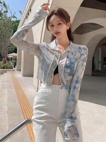 DAZY 紮染和印花薄透短款襯衫 - 藍色 - 查看 3