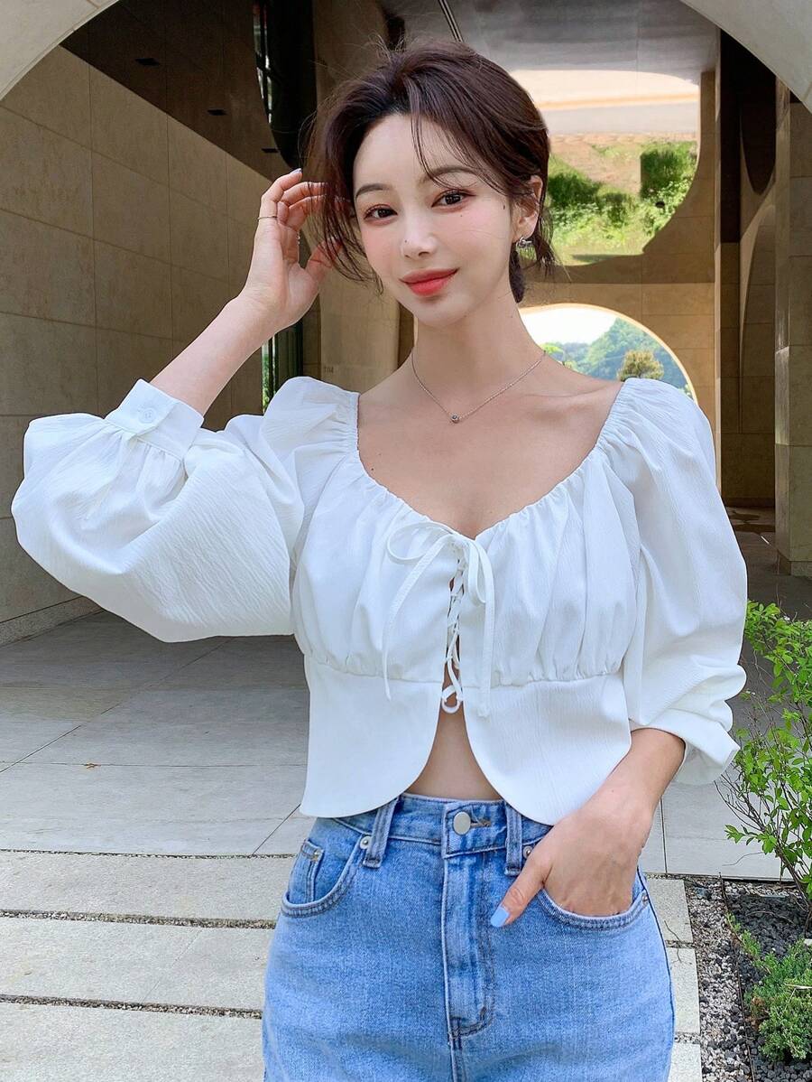 DAZY Solid Lace Up Front Ruched Bust Blouse - White - View 1