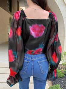 DAZY Floral Print Ruched Frill Trim Flounce Sleeve Top,Ruffle,Fall Women Clothes Long Sleeve Top - Black - View 2