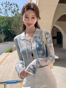 DAZY 紮染和印花薄透短款襯衫 - 藍色 - 查看 4