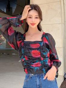 DAZY Floral Print Ruched Frill Trim Flounce Sleeve Top,Ruffle,Fall Women Clothes Long Sleeve Top - Black - View 9