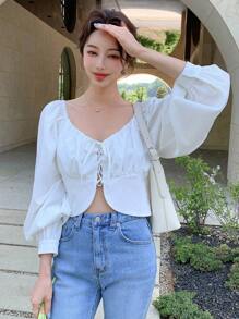 DAZY Solid Lace Up Front Ruched Bust Blouse - White - View 3