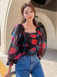 DAZY Floral Print Ruched Frill Trim Flounce Sleeve Top,Ruffle,Fall Women Clothes Long Sleeve Top - Black - View 6