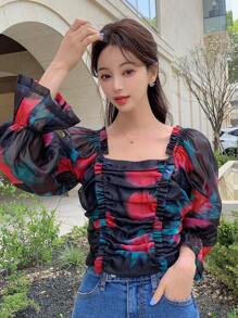 DAZY Floral Print Ruched Frill Trim Flounce Sleeve Top,Ruffle,Fall Women Clothes Long Sleeve Top - Black - View 3