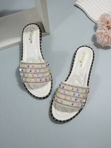 魅力四射白色涼鞋適用於女士水鑽和鉚釘裝飾涼拖 - 白色 - 查看 4