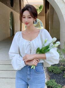 DAZY Solid Lace Up Front Ruched Bust Blouse - White - View 5