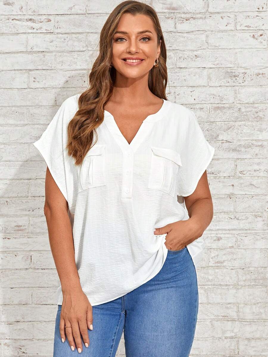 EMERY ROSE 大碼翻蓋口袋蝙蝠袖襯衫 - 白色 - 查看 1