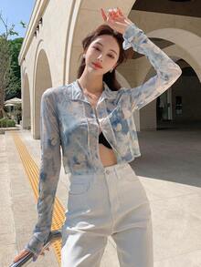 DAZY 紮染和印花薄透短款襯衫 - 藍色 - 查看 8