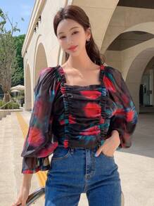 DAZY Floral Print Ruched Frill Trim Flounce Sleeve Top,Ruffle,Fall Women Clothes Long Sleeve Top - Black - View 5