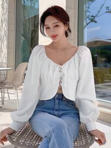 DAZY Solid Lace Up Front Ruched Bust Blouse - White - View 6