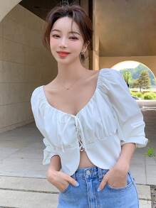 DAZY Solid Lace Up Front Ruched Bust Blouse - White - View 7