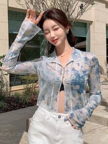 DAZY 紮染和印花薄透短款襯衫 - 藍色 - 查看 9