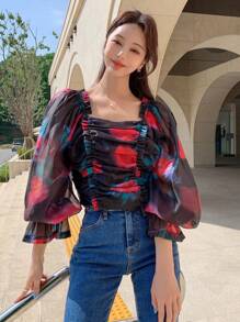 DAZY Floral Print Ruched Frill Trim Flounce Sleeve Top,Ruffle,Fall Women Clothes Long Sleeve Top - Black - View 8