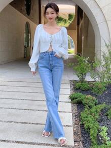 DAZY Solid Lace Up Front Ruched Bust Blouse - White - View 8