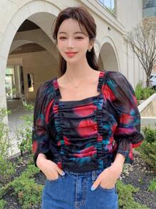 DAZY Floral Print Ruched Frill Trim Flounce Sleeve Top,Ruffle,Fall Women Clothes Long Sleeve Top - Black - View 1