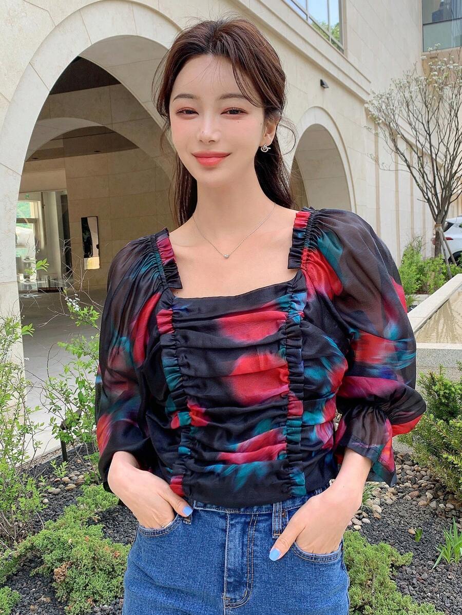 DAZY Floral Print Ruched Frill Trim Flounce Sleeve Top,Ruffle,Fall Women Clothes Long Sleeve Top - Black - View 1