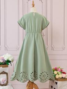 SHEIN 女孩鏤空貝殼邊蝙蝠袖連衣裙 - 綠色 - 查看 2