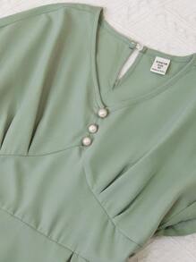 SHEIN 女孩鏤空貝殼邊蝙蝠袖連衣裙 - 綠色 - 查看 3