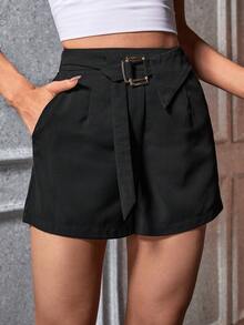 SHEIN Privé Solid Slant Pocket Buckle Detail Shorts - Black - View 2