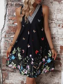 Breezaya Floral Print Guipure Lace Insert Dress