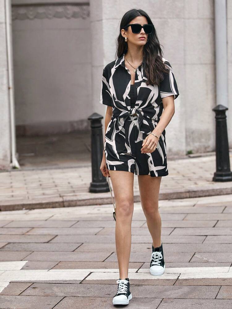 SHEIN Frenchy Graphic Print Button Front Blouse & Shorts - Black and White - View 6