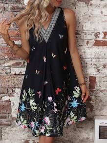 Breezaya Floral Print Guipure Lace Insert Dress