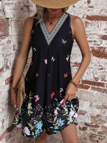 Breezaya Floral Print Guipure Lace Insert Dress