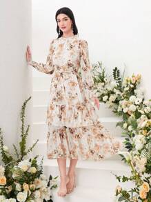 Mulvari Floral Print Flounce Sleeve Ruffle Hem Belted Dress - White - View 1