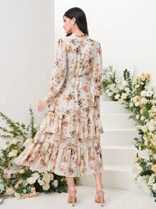 Mulvari Floral Print Flounce Sleeve Ruffle Hem Belted Dress - White - View 2