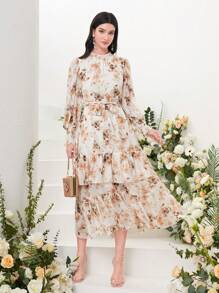 Mulvari Floral Print Flounce Sleeve Ruffle Hem Belted Dress - White - View 3