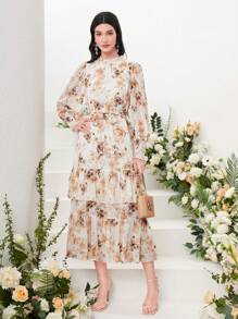 Mulvari Floral Print Flounce Sleeve Ruffle Hem Belted Dress - White - View 4