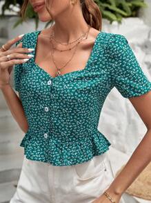 SHEIN Frenchy 碎花雞心領口荷葉邊襯衫 - 綠色 - 查看 4