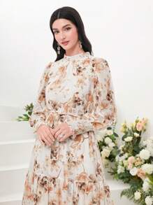 Mulvari Floral Print Flounce Sleeve Ruffle Hem Belted Dress - White - View 6