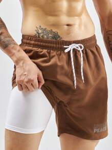 Manfinity Hombres Shorts de natación con estampado de letra de cintura con cordón - Café integral - Ver 1