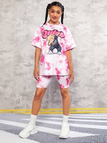 SHEIN 青少年女孩紮染卡通圖案T恤和機車短褲 - 彩色 - 查看 4