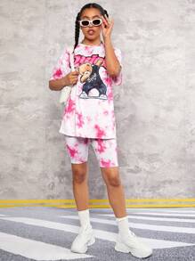 SHEIN 青少年女孩紮染卡通圖案T恤和機車短褲 - 彩色 - 查看 6